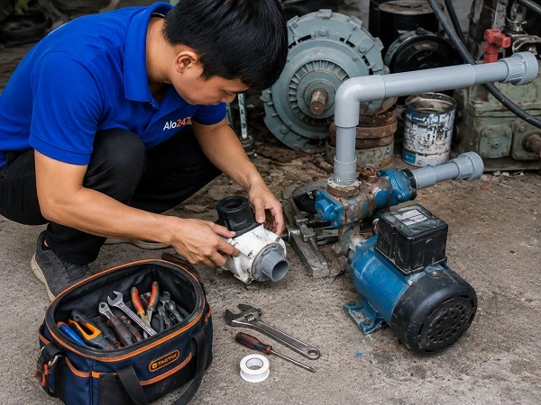 Thợ alo247 đang sửa máy bơm nước tại Cửa Nam