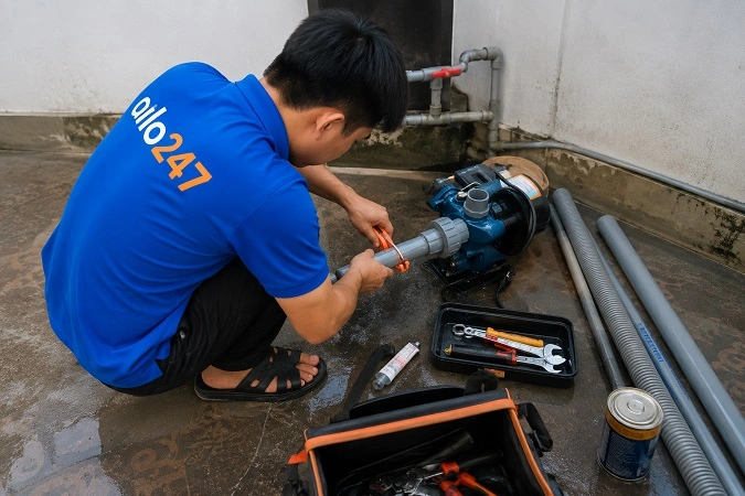 Thợ alo247 đang sửa máy bơm nước tại Dương Nội