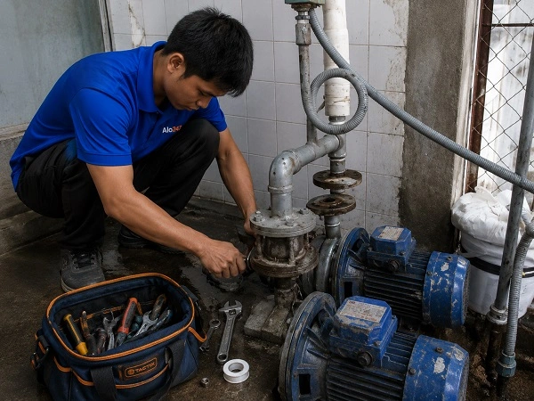 Thợ alo247 đang sửa máy bơm nước tại Giảng Võ