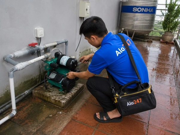 Thợ alo247 đang sửa máy bơm nước tại Hoàng Liệt