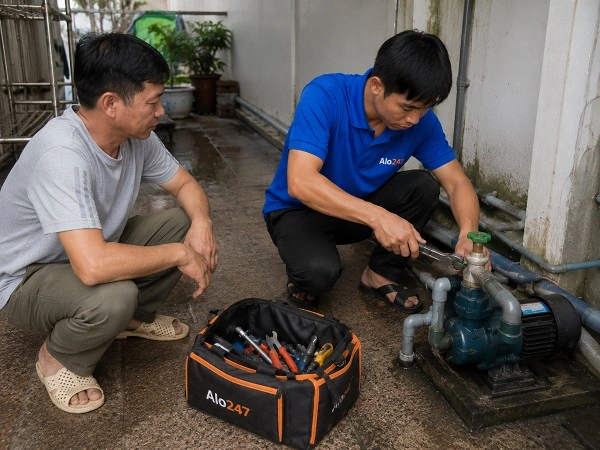 Thợ alo247 đang sửa máy bơm nước tại Hồng Hà