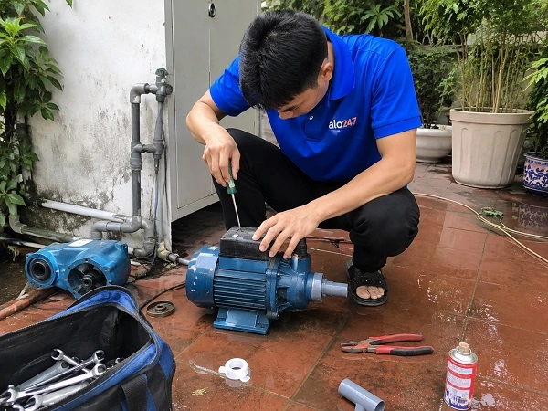 Thợ alo247 đang sửa máy bơm nước tại Lĩnh Nam
