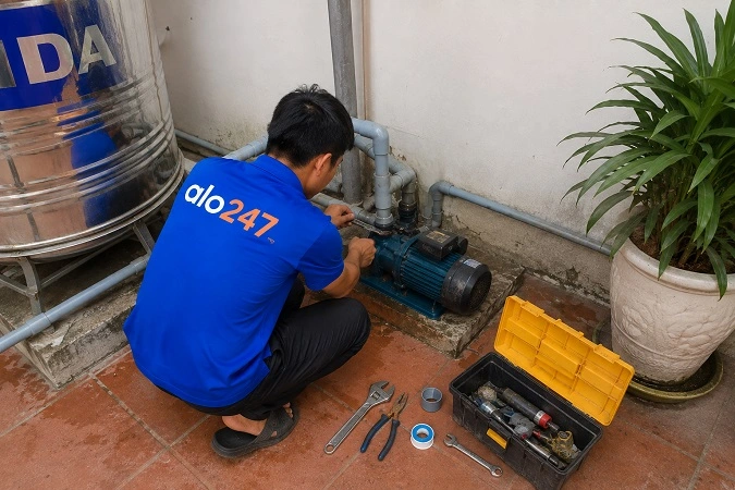 Thợ alo247 đang sửa máy bơm nước tại Mê Linh