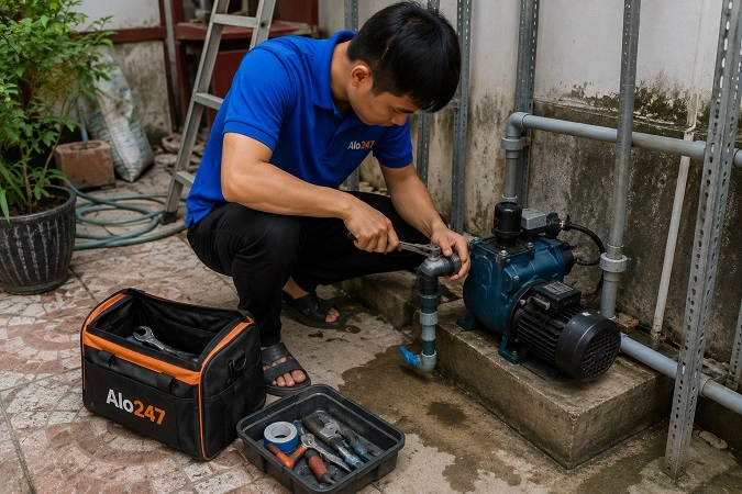 Thợ alo247 đang sửa máy bơm nước tại Nghĩa Đô