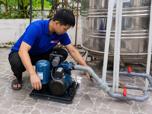 Thợ alo247 đang sửa máy bơm nước tại Ngọc Hà