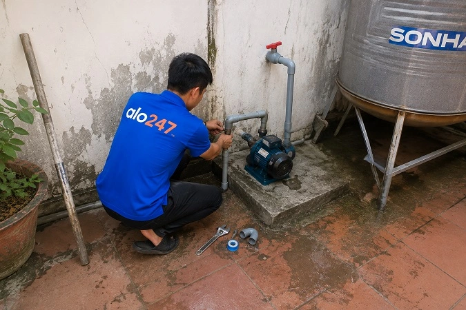 Thợ alo247 đang sửa máy bơm nước tại Nội Bài