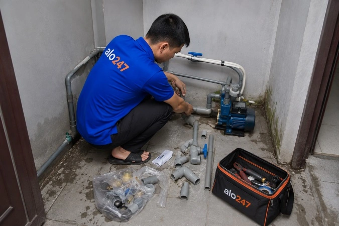 Thợ alo247 đang sửa máy bơm nước tại Phúc Lợi
