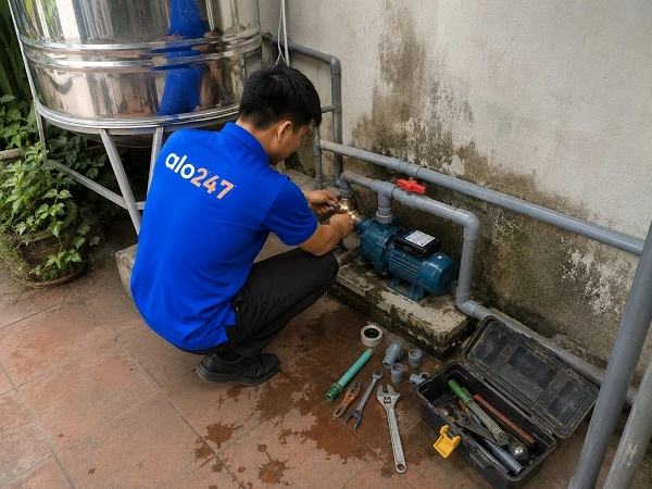 Thợ alo247 đang sửa máy bơm nước tại Quang Minh