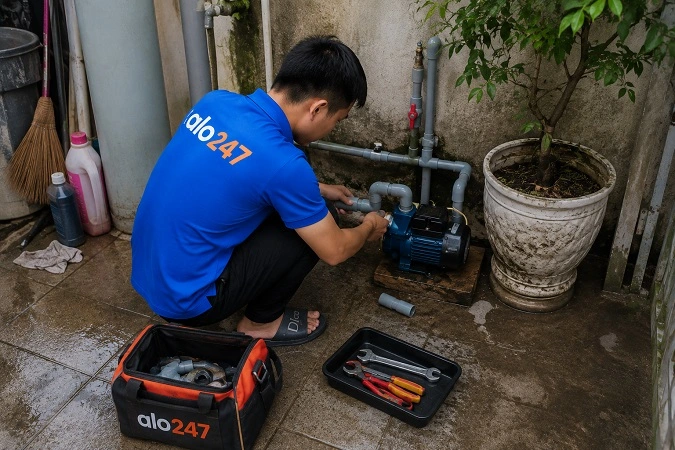 Thợ alo247 đang sửa máy bơm nước tại Tây Mỗ