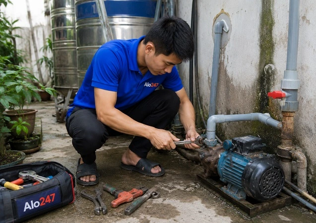 Thợ alo247 đang sửa máy bơm nước tại Văn Miếu