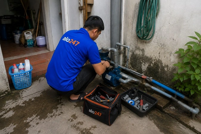 Thợ alo247 đang sửa máy bơm nước tại Việt Hưng