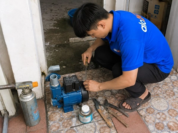 Thợ alo247 đang sửa máy bơm nước tại Vĩnh Hưng