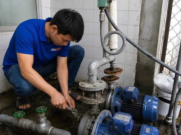 Thợ alo247 đang sửa máy bơm nước tại Vĩnh Tuy