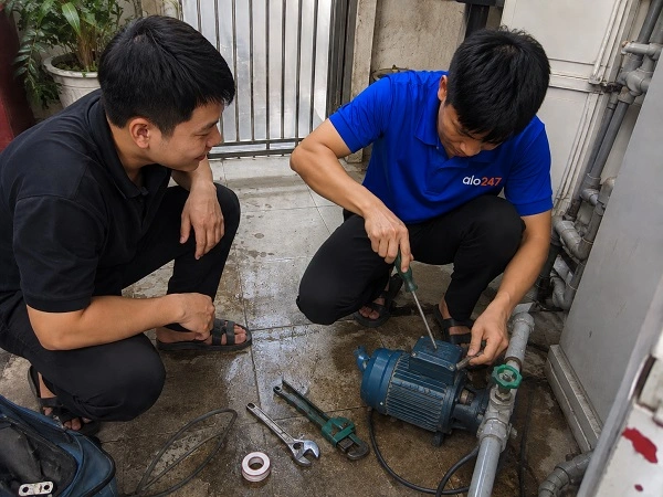 Thợ alo247 đang sửa máy bơm nước tại Yên Sở