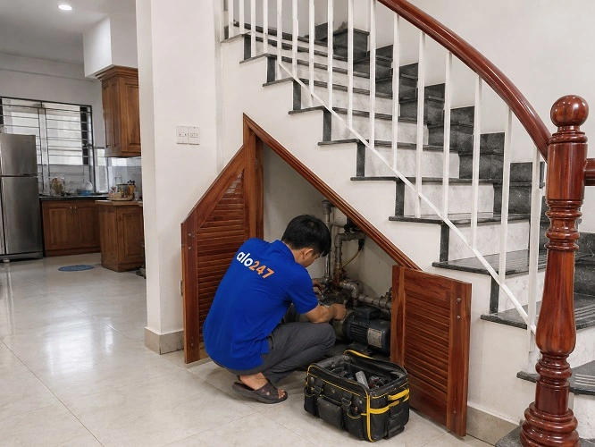 Thợ alo247 đang sửa máy bơm tại Quang Minh
