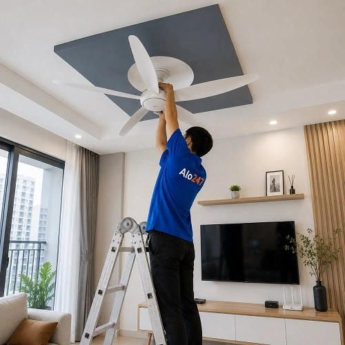 Thợ alo247 đang sửa quạt trần bị kêu to tại nhà