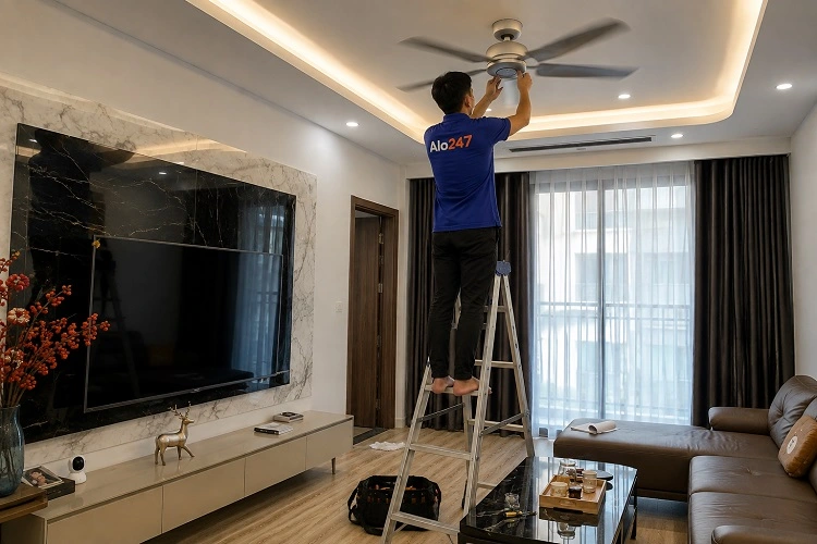 Thợ alo247 đang sửa quạt trần bị lỗi không quay