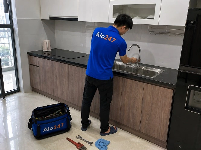 Thợ alo247 đang sửa vòi nước bị rò rỉ tại Dương Nội