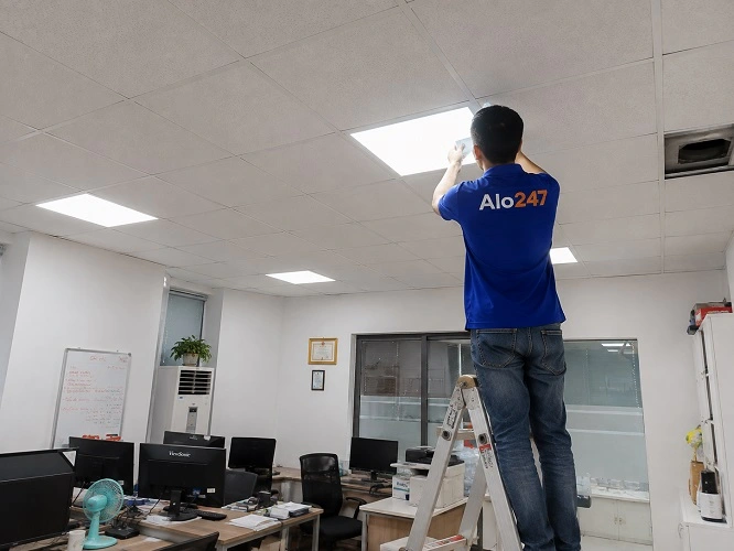 Thợ alo247 đang thay bóng đèn âm trần