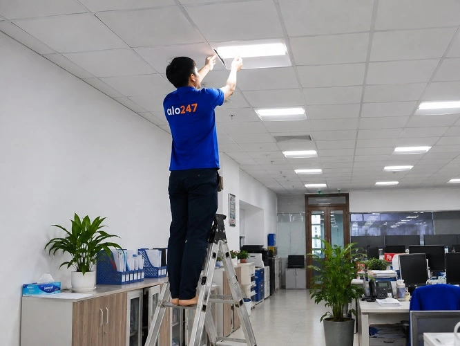 Thợ alo247 đang thay bóng đèn bị cháy tại văn phòng