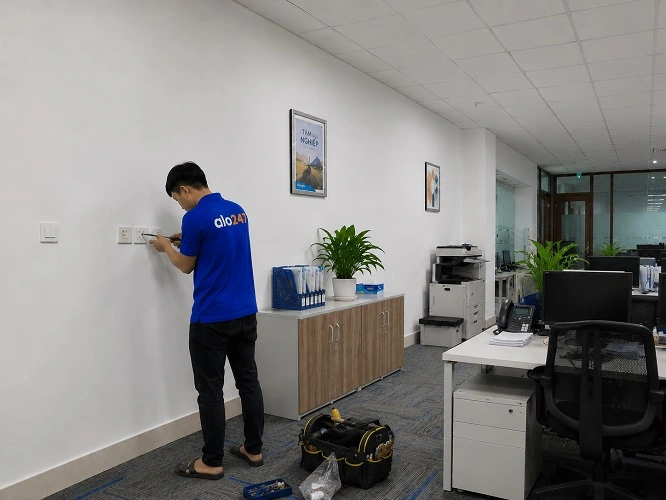Thợ alo247 đang thay ổ điện cho văn phòng tại Thanh Liệt