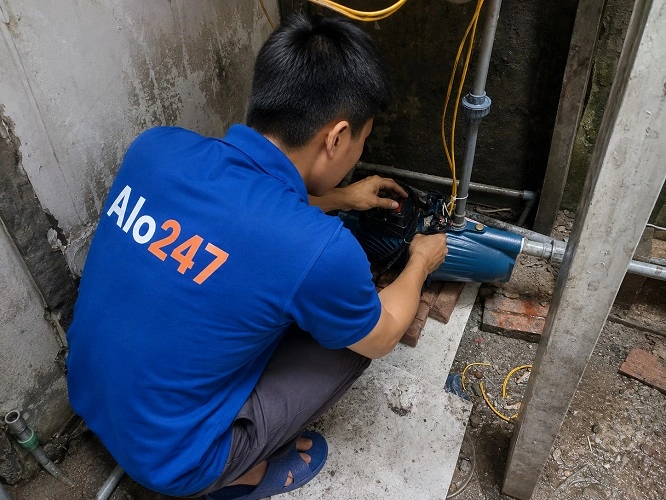 Thợ alo247 đang thi công sửa máy bơm tại Cửa Nam