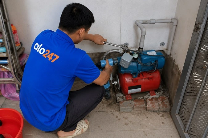 Thợ alo247 đang sửa máy bơm nước tại Phúc Lợi