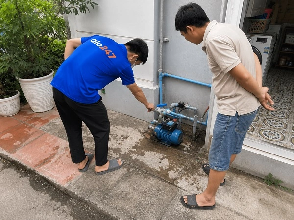 Thợ alo247 trao đổi phương án sửa chữa với khách hàng