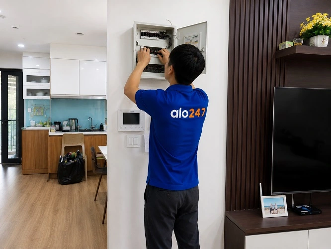 Thợ đang sửa aptomat bị nhảy liên tục không rõ nguyên nhân tại Mê Minh