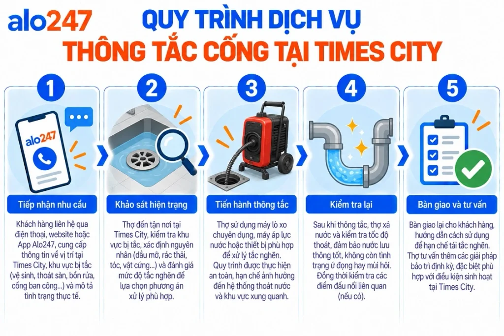 Alo247 Quy trình dịch vụ thông tắc cống tại Times City