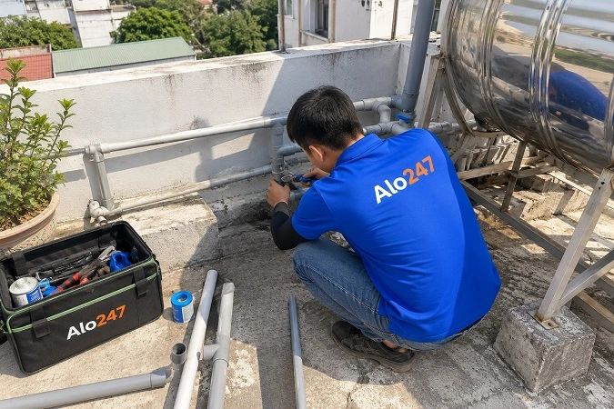 Thợ alo247 đang sửa ống nước tại Cửa Nam