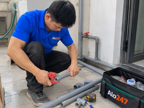Thợ alo247 đang sửa ống nước tại Đông Ngạc