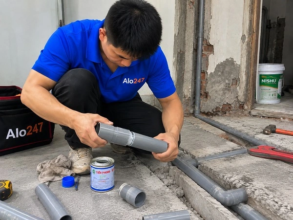 Thợ alo247 đang sửa ống nước tại Long Biên