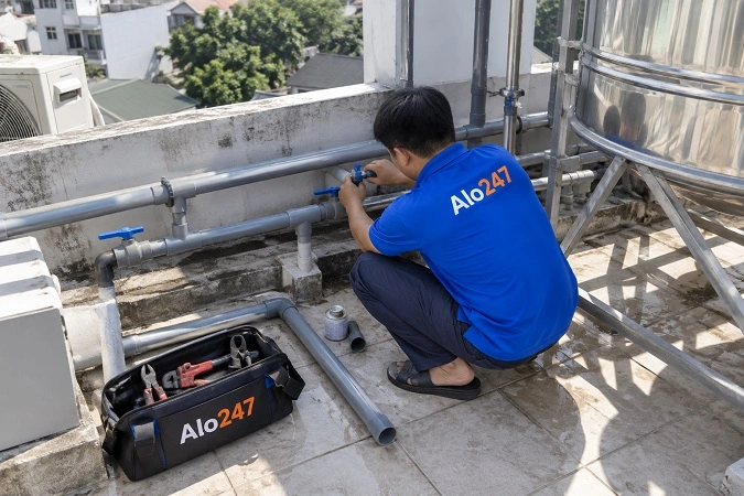 Thợ alo247 đang sửa ống nước tại Ngọc Hà