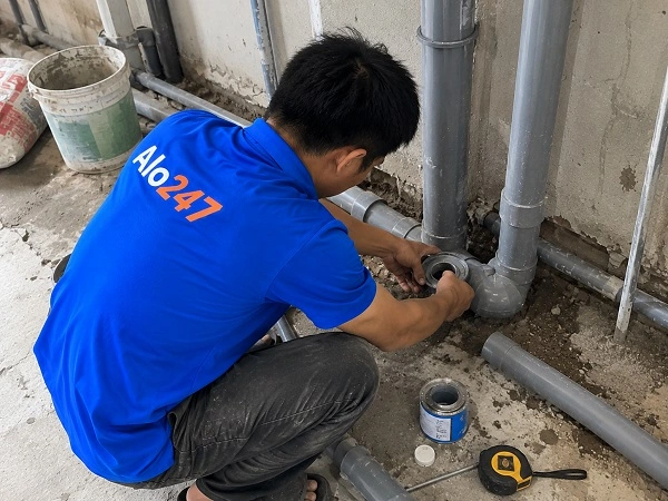 Thợ alo247 đang sửa ống nước tại Ngọc Hồi