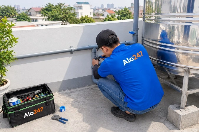 Thợ alo247 đang sửa ống nước tại Văn Miếu