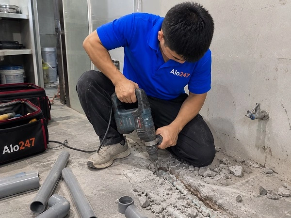 Thợ alo247 đang sửa ống nước tại Việt Hưng