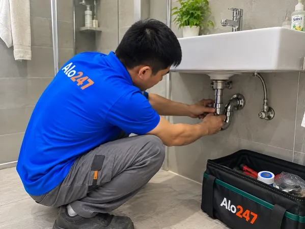 Thợ alo247 đang sửa ống nước tại Thanh Trì