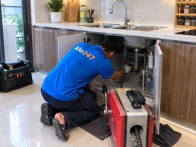 Thợ alo247 thông tắc bồn rửa bát bằng máy lò xo tại Thanh Hà
