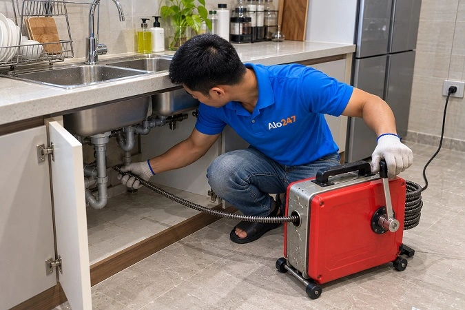 Thợ alo247 thông tắc cống bằng máy lò xo chuyên dụng tại Giải Phóng