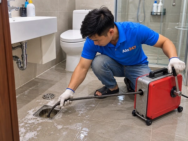 Thợ alo247 thông tắc cống bằng máy lò xo chuyên dụng tại Trường Chinh