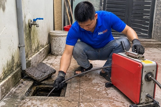Thợ alo247 thông tắc cống bằng máy lò xo tại Nguyễn Xiển