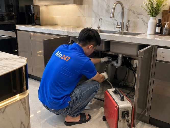Thợ alo247 thông tắc cống bồn rửa bát bằng máy lò xo tại Vinhomes Riverside
