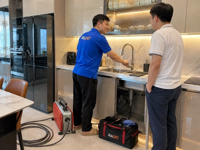Thợ alo247 và khách hàng trao đổi sau khi xử lý xong bồn rửa bát bị tắc