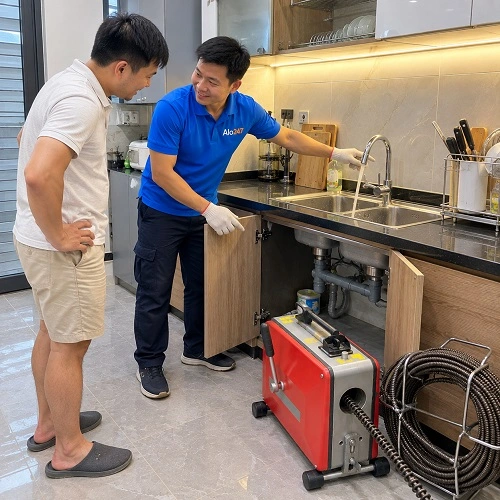 Thợ alo247 xả nước để kiểm tra khả năng thoát nước sau khi thông tắc
