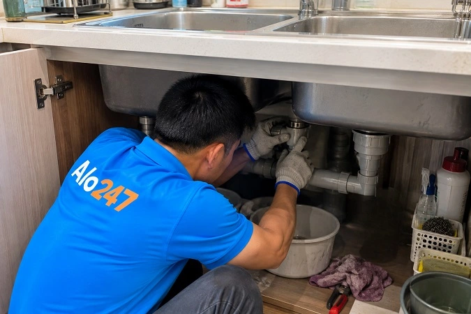 Thợ alo247 xử lý sự cố tắc đường ống thoát nước bồn rửa bát