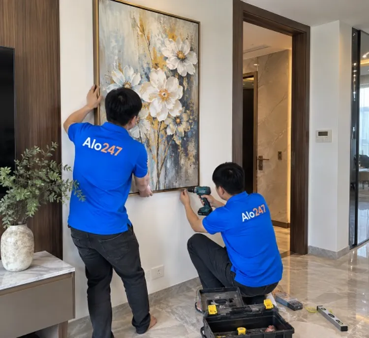 Thợ alo247 đang khoan tường treo tranh tại Hà Nội