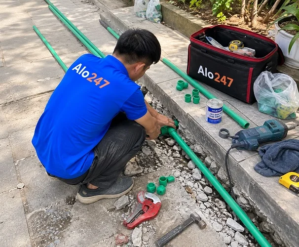 Thợ alo247 đang sửa ống nước tại Bát Tràng