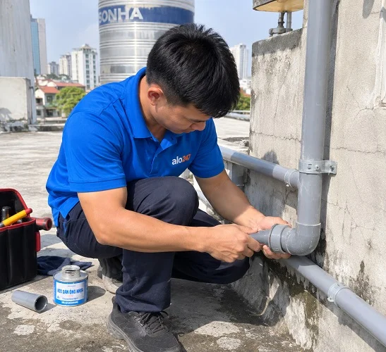 Thợ alo247 đang sửa ống nước tại Đông Anh