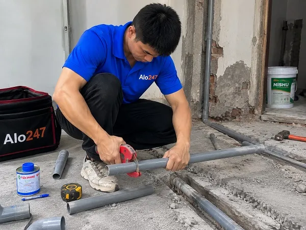 Thợ alo247 đang sửa ống nước tại Phú Lương